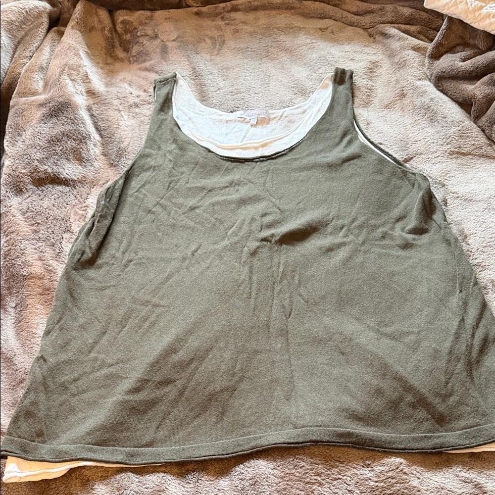 KEREN hart Olive Green Tank with White Scoop Inset